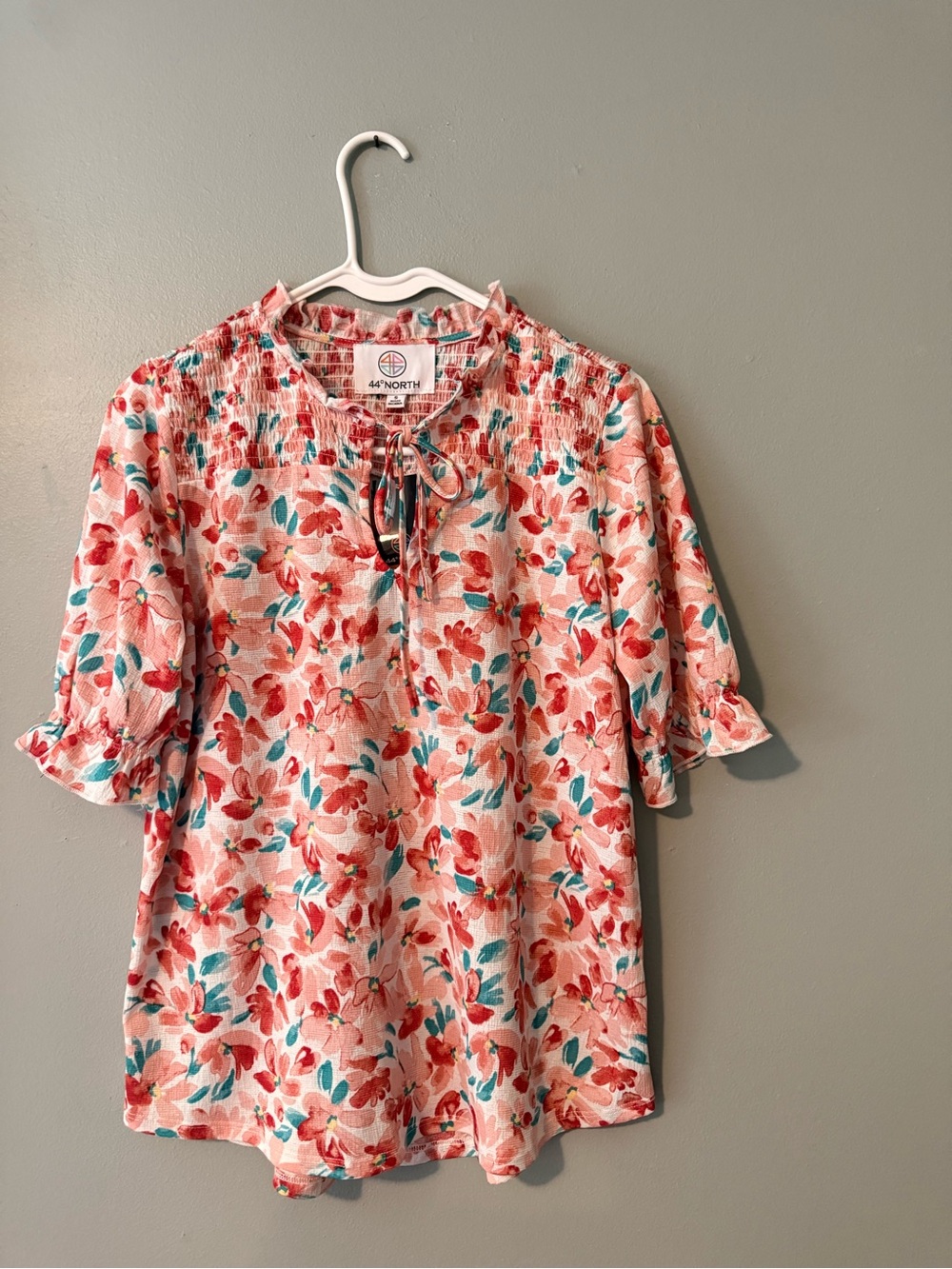 44°NORTH Floral Smocked Tie-Neck Blouse in Coral & Teal